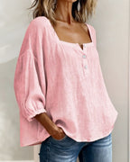 Arianne | Women's Square Neck Blouse 3/4 Puff Sleeve Button Top