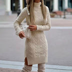 Natalie | Women's Cable-Knit Turtleneck Midi Jumper Dress with Side Split